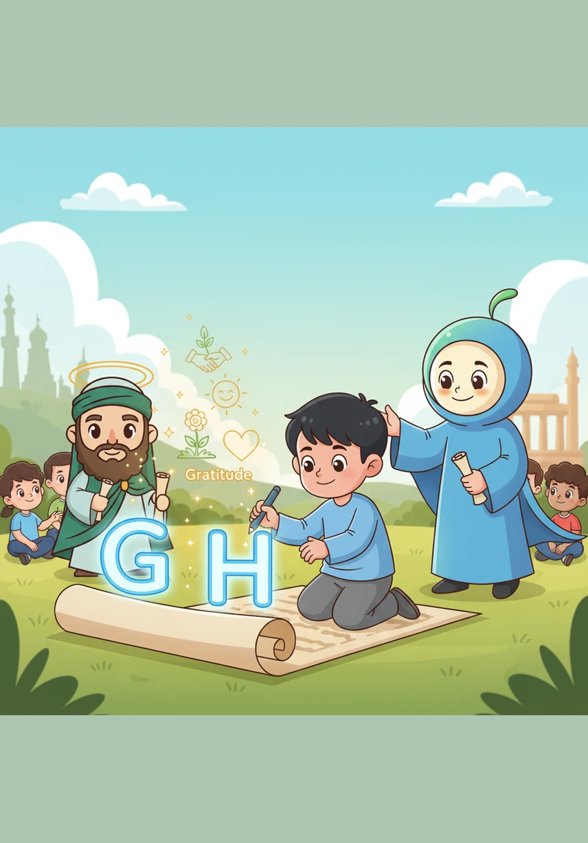 The English alphabet comes to life as Omar traces letters that represent the wonders of the world. He writes the letter G for Gratitude and H for Heart, connecting his language skills to his spiritual growth.
