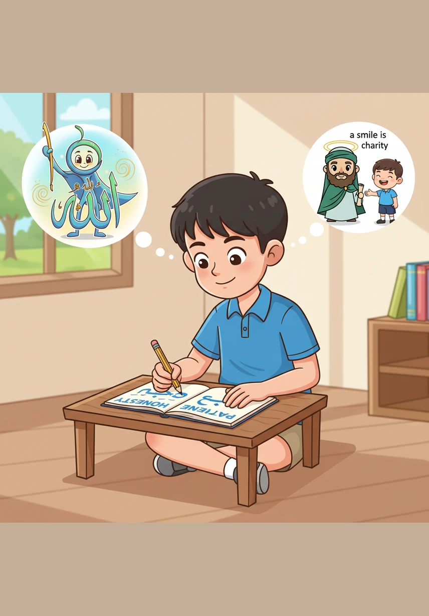 Inspired by the Sunnah of the Prophet Muhammad, Omar practices writing words that describe perfect character. He focuses on Honesty and Patience, visualizing how a simple smile can be an act of charity.