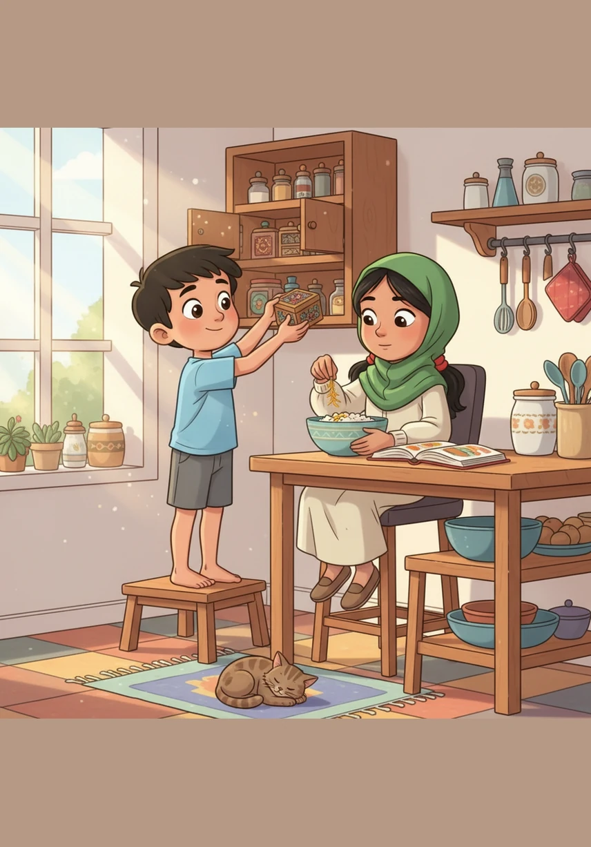 As he traces the names of the great Prophets, Omar imagines the stories of their courage and devotion. The page is filled with symbols of faith, like a sturdy ark and a peaceful olive branch, guiding his hand.