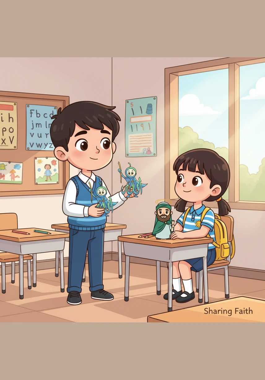 Omar traces the names of the holy cities, Makkah and Madinah, while looking at a beautifully illustrated map. He dreams of one day visiting these blessed places, his heart filling with love for the history of his faith.