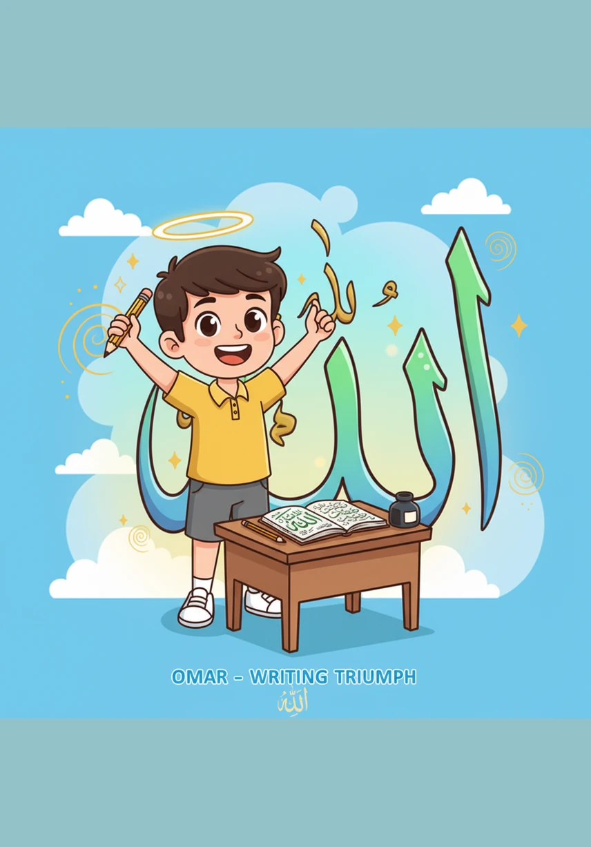 Having reached the final page, Omar looks back at his progress with a heart full of joy and a pen held with confidence. He realizes that learning to write was not just about letters, but about tracing a path of light and wisdom for his entire life.