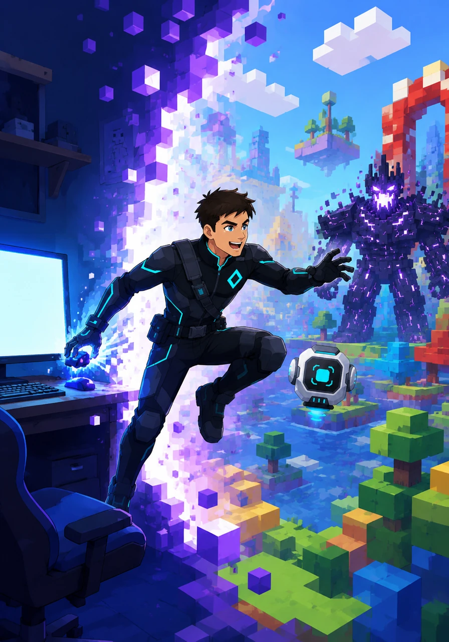 Alex sits in front of a glowing monitor, excited to start a new adventure in the vast universe of Roblox. With a click of the mouse, the bedroom fades away, and Alex is transported into a world made of colorful blocks and endless possibilities.