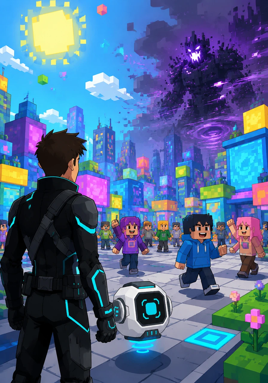 Appearing in the vibrant city of Blox-Land, Alex admires the square skyscrapers and the avatars walking happily under a pixelated sun. The air is filled with upbeat electronic music and laughter, but something strange begins to flicker on the horizon.