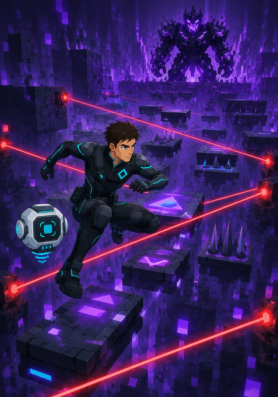 The two heroes reach the base of a giant Obby, a circuit of floating obstacles suspended over a void of raw data. Alex jumps with precision over moving platforms and dodges red laser beams that threaten to reset all progress.