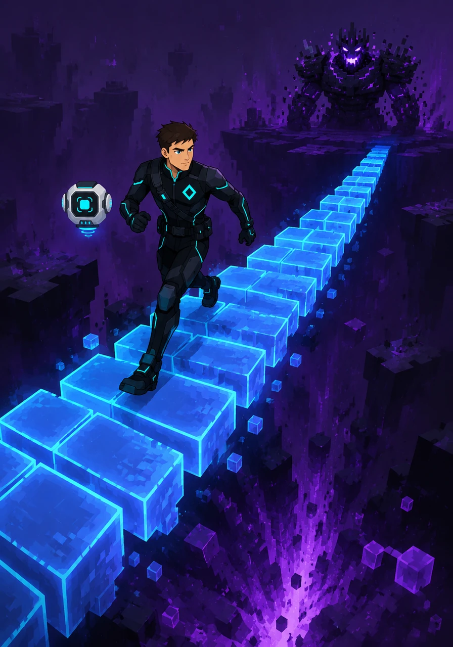 Facing an impossible gap, Alex uses the creative tool to materialize a bridge of glowing blocks in mid-air. With steady determination, the hero crosses the void while the ground below begins to vanish into system errors.