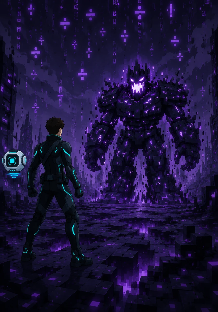 They finally reach the Dark Server, a zone filled with shadows and broken code where time seems to stand still. The sky is filled with falling mathematical symbols, and the atmosphere feels heavy with digital static.