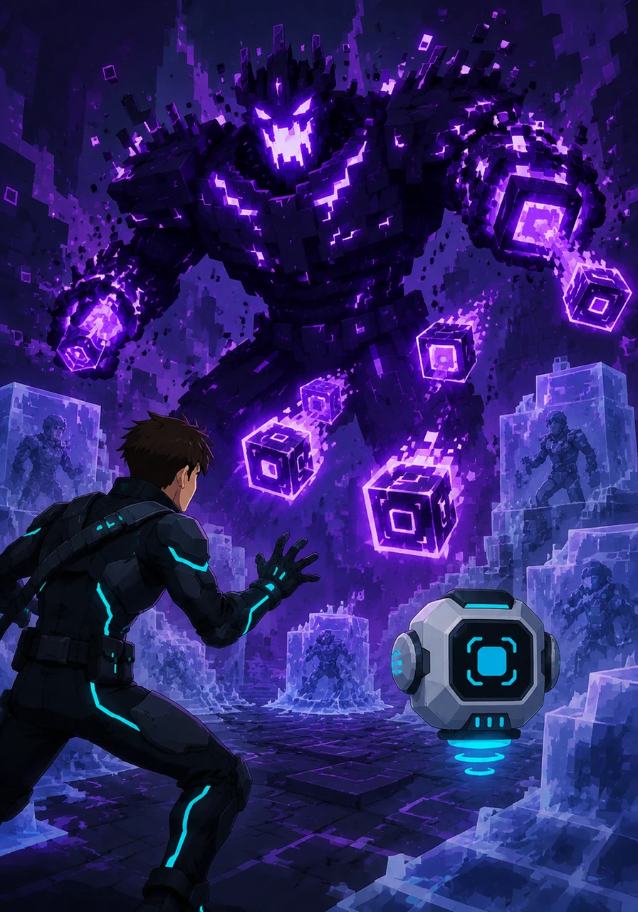 The Glitch King emerges from the shadows, a towering figure made of corrupted code fragments and flickering lights. With a digital roar, he tries to block the path by launching error cubes that freeze everything they touch.