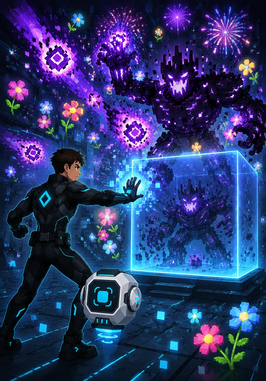 Instead of fighting with force, Alex uses ingenuity to recode the environment, turning the King's attacks into pixel flowers and fireworks. Alex's creativity proves stronger than any error, successfully locking the glitch inside a secure data vault.