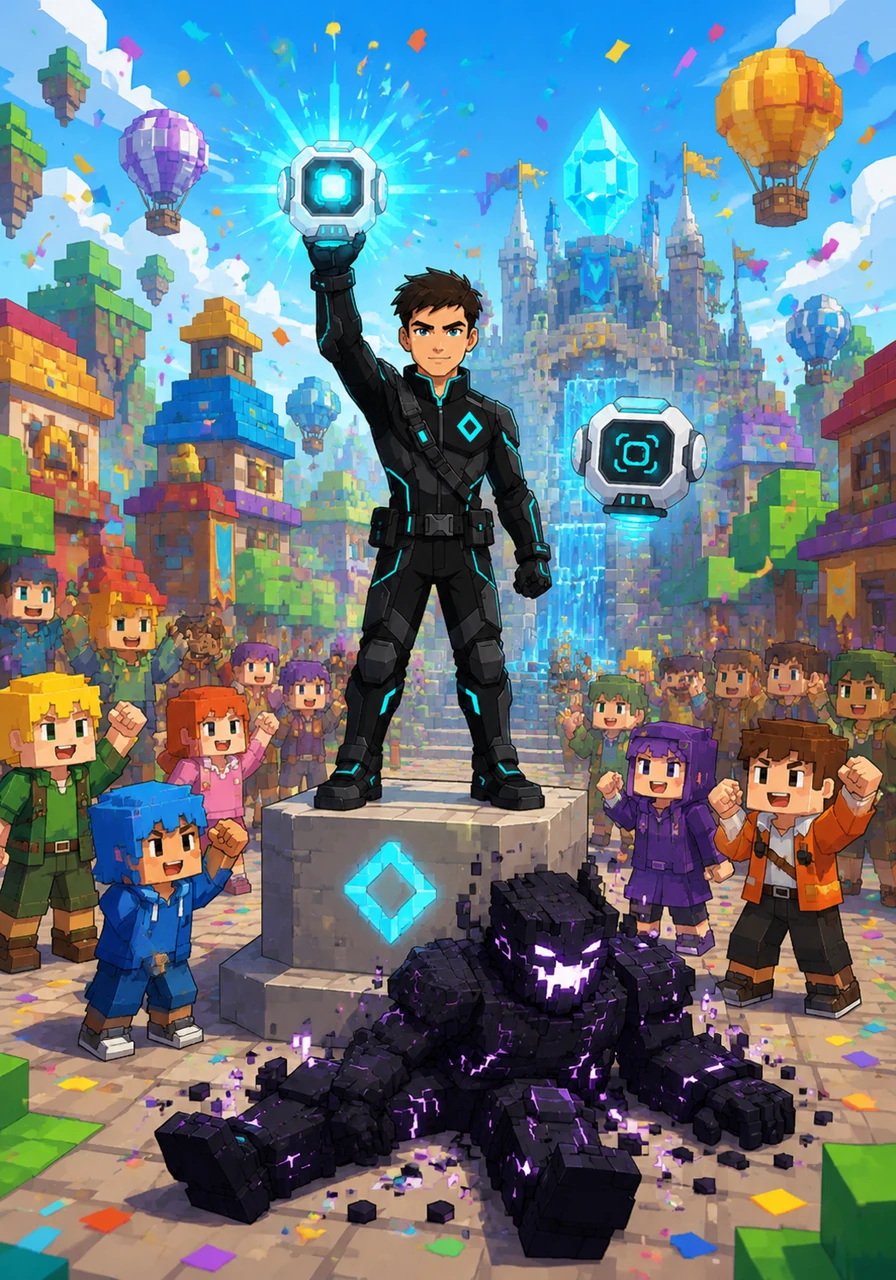 With the Source Code Gem restored, Blox-Land regains its vibrant colors and joy returns to the streets. Alex is hailed as a hero in the central plaza, reminding everyone that in the world of blocks, the only limit is imagination.