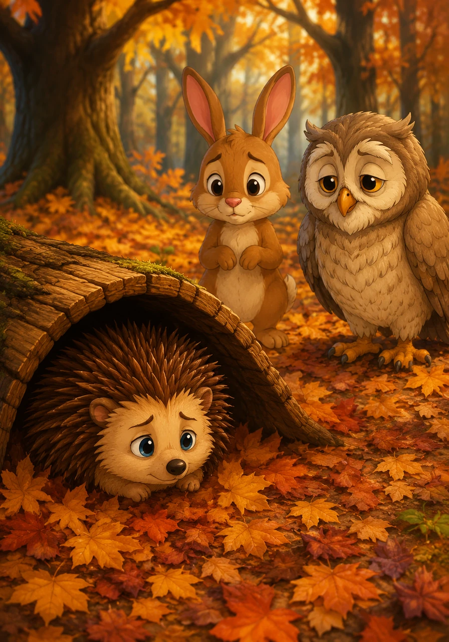 Mike was a little hedgehog who lived under a cozy, hollow log in the whispering woods. He loved rolling in the autumn leaves, but whenever he felt overwhelmed, his sharp spikes would puff out all at once, making it hard for his friends to get close.