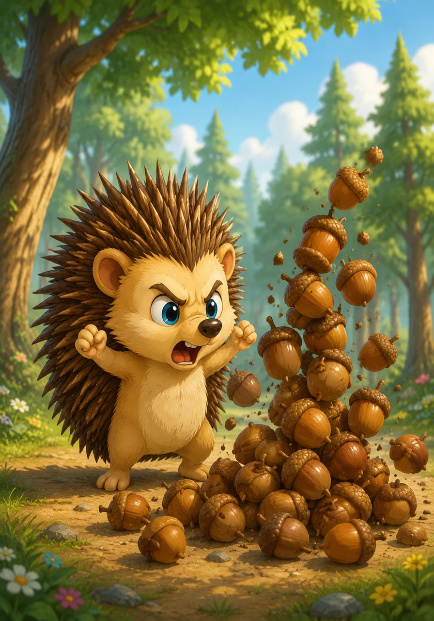 One sunny morning, Mike tried to build a magnificent tower out of acorns, but it kept tumbling down. With each crash, a hot wave of frustration rushed through his tiny body, and his spikes clicked together sharply as they stood on end.