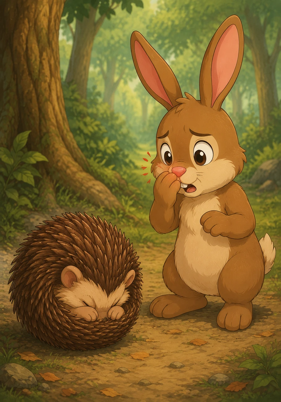 His friend Barnaby the rabbit hopped over to help, but Mike accidentally pricked Barnaby's soft nose when he startled him. Feeling deeply upset and embarrassed, Mike curled into a tight, prickly ball and hid away, refusing to look at anyone.