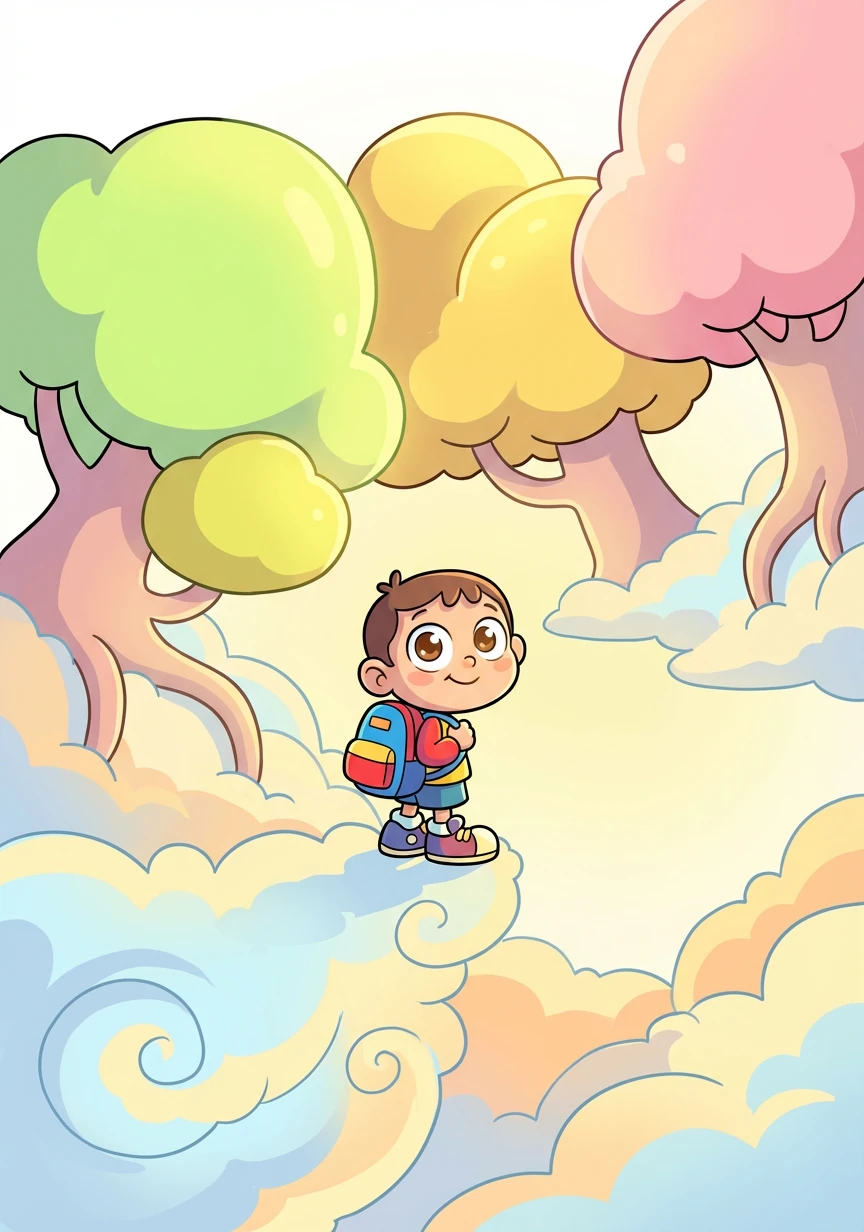 Lumi, a small child with bright, curious eyes and a backpack, stands at the edge of a swirling cloud bank. Above, giant, luminous trees rise into the sky, their roots disappearing into the fluffy clouds. The scene is bathed in soft yellow light.