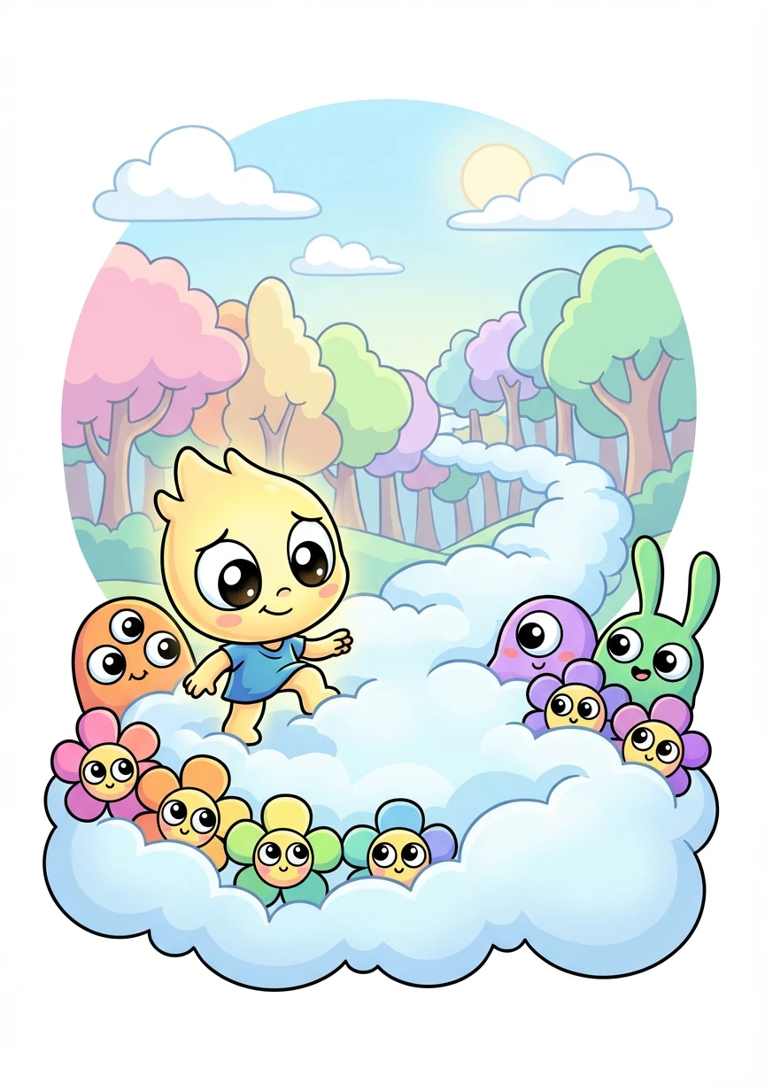 Lumi cautiously steps onto a cloud bridge that leads into the forest. The bridge is bouncy and soft, with rainbow-colored flowers growing along its edges. Strange, friendly creatures with large eyes peek out from behind the flowers.