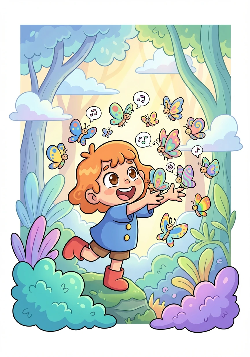 Deeper in the cloud forest, Lumi encounters a group of small, winged creatures resembling butterflies. They are all different colors and patterns, fluttering around Lumi and giggling.