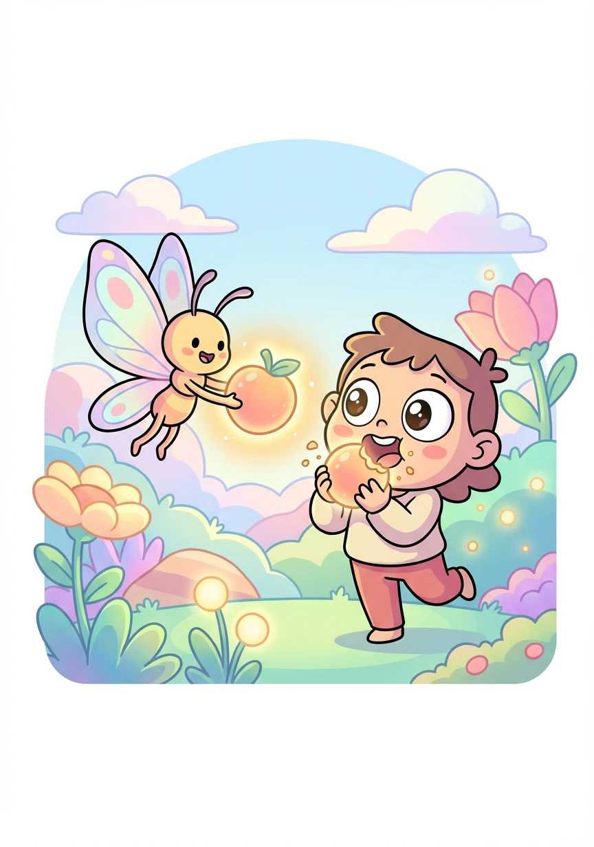 One of the butterfly creatures, named Pip, offers Lumi a glowing fruit. The fruit is round and emits a soft, warm light. Lumi takes a bite, and their eyes widen in surprise.