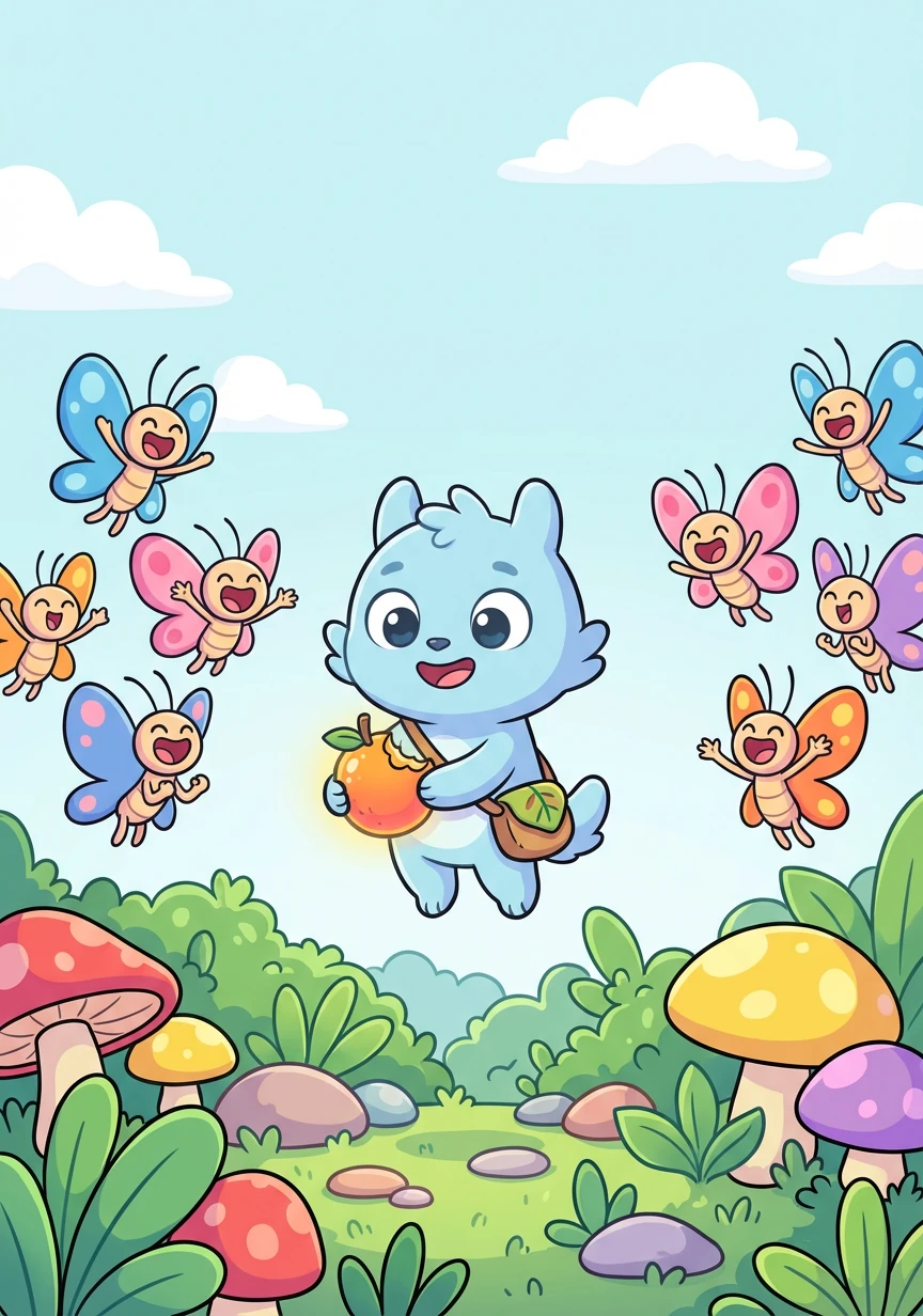 As Lumi eats the fruit, they begin to float slightly off the ground. Pip and the other butterfly creatures cheer and encourage Lumi to fly. The forest floor below is a tapestry of vibrant green plants and colorful mushrooms.