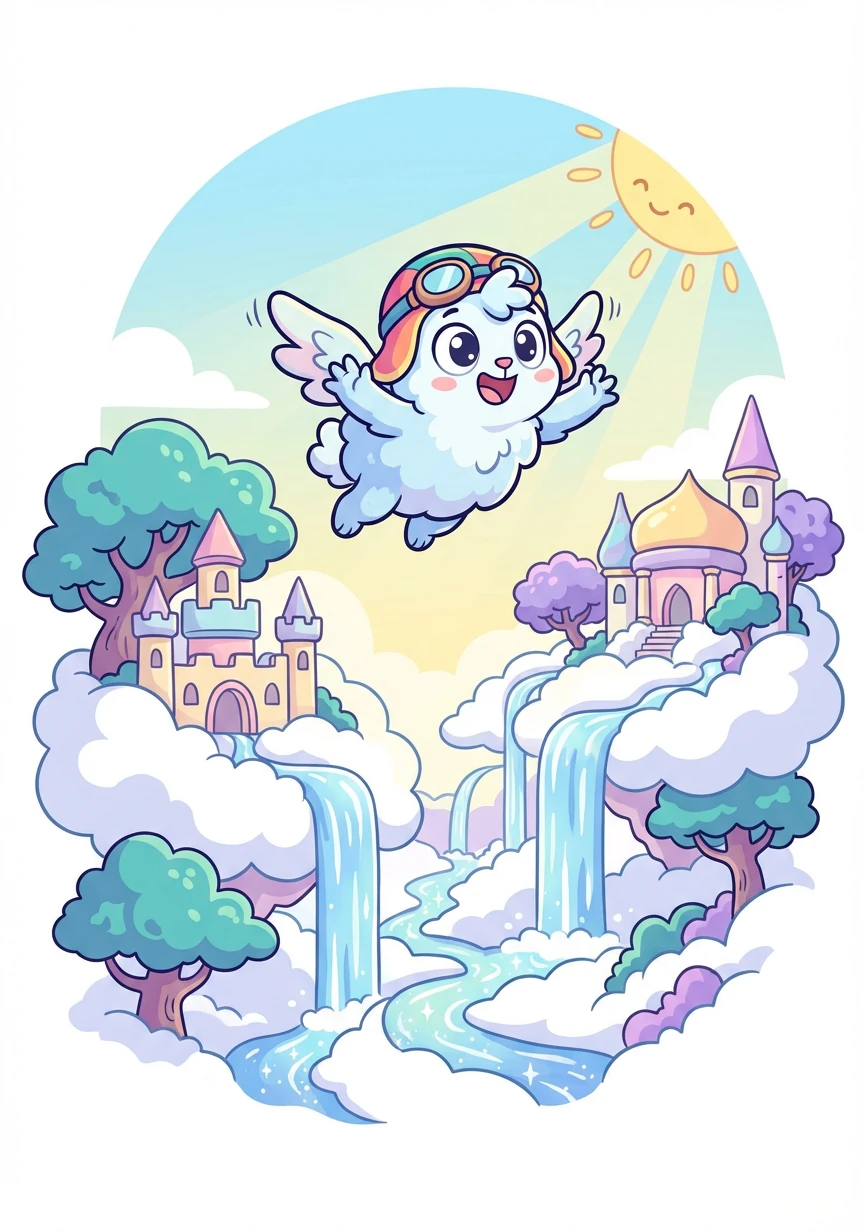 Lumi, now soaring through the air, explores the cloud forest from above. They see giant, whimsical structures built among the trees, resembling castles and temples. Waterfalls cascade down from the clouds, feeding into sparkling streams.