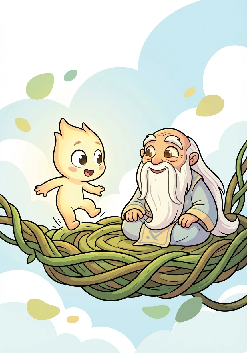 Lumi lands on a platform made of woven vines, where an elderly, wise-looking creature with long, flowing beard sits meditating. The creature smiles kindly at Lumi.