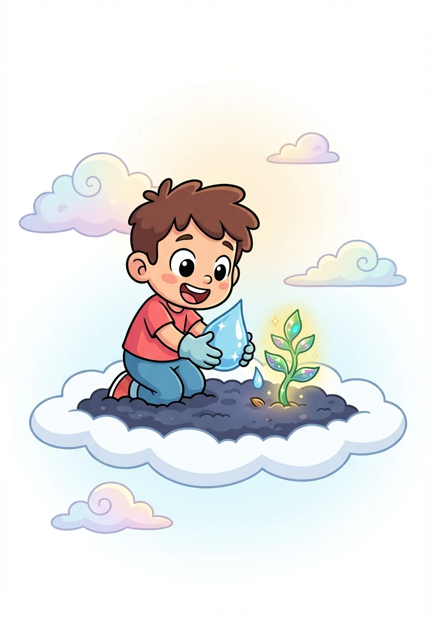 Lumi finds a patch of fertile cloud soil and plants the seed. They water it with a tear of joy, and the seed immediately sprouts into a tiny, shimmering plant.