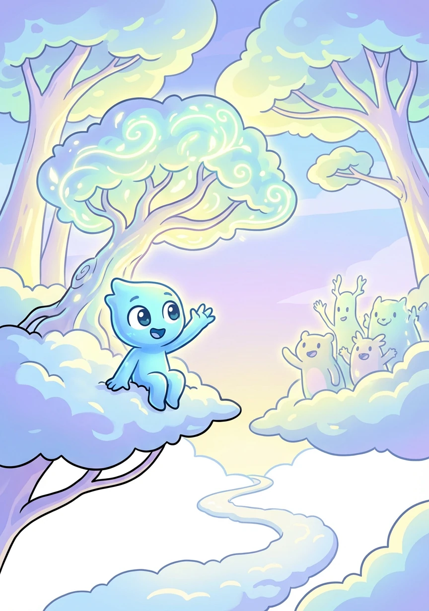 The plant grows rapidly, transforming into a beautiful, luminous tree that joins the others in the cloud forest canopy. Lumi smiles, knowing they have helped to preserve the magic of this wondrous place. Lumi waves goodbye to their new friends as they begin their journey home.
