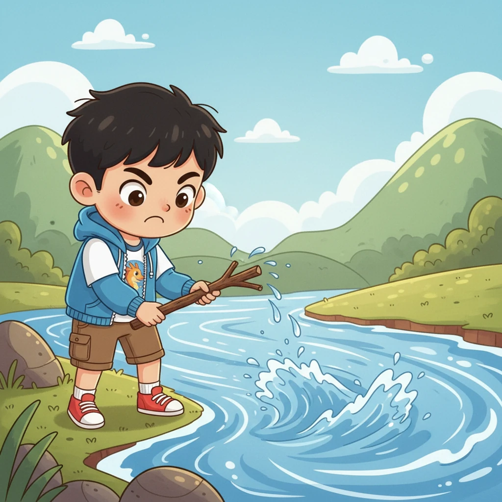 接着，小勇来到了一条湍急的河流前。河水哗啦啦地向前奔涌，看上去很深，没有任何桥梁。他站在河边，皱着眉头思考着如何过河。