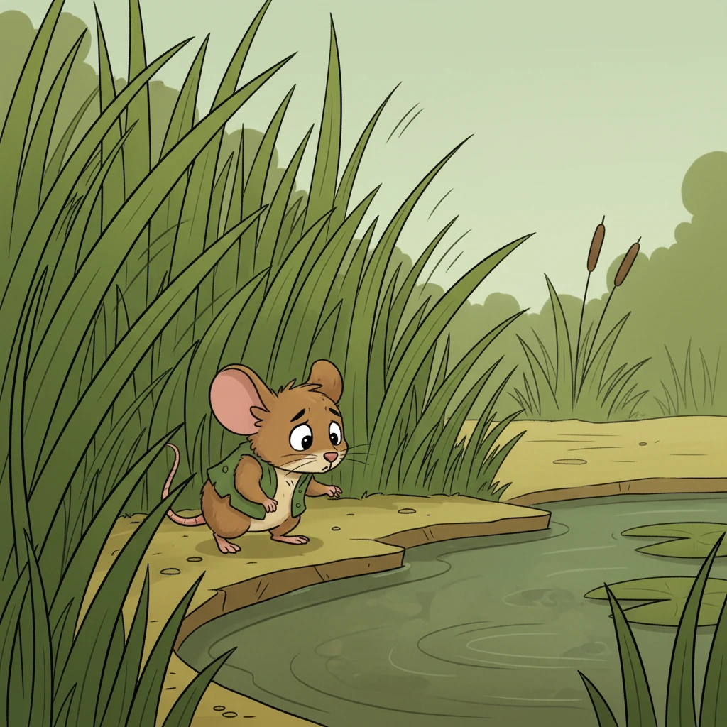 A tiny, timid field mouse named Pip wandered near a murky pond, feeling very small and alone. The tall, green grass rustled around him, making him feel even more lost and vulnerable. He longed for a safe, cozy spot.