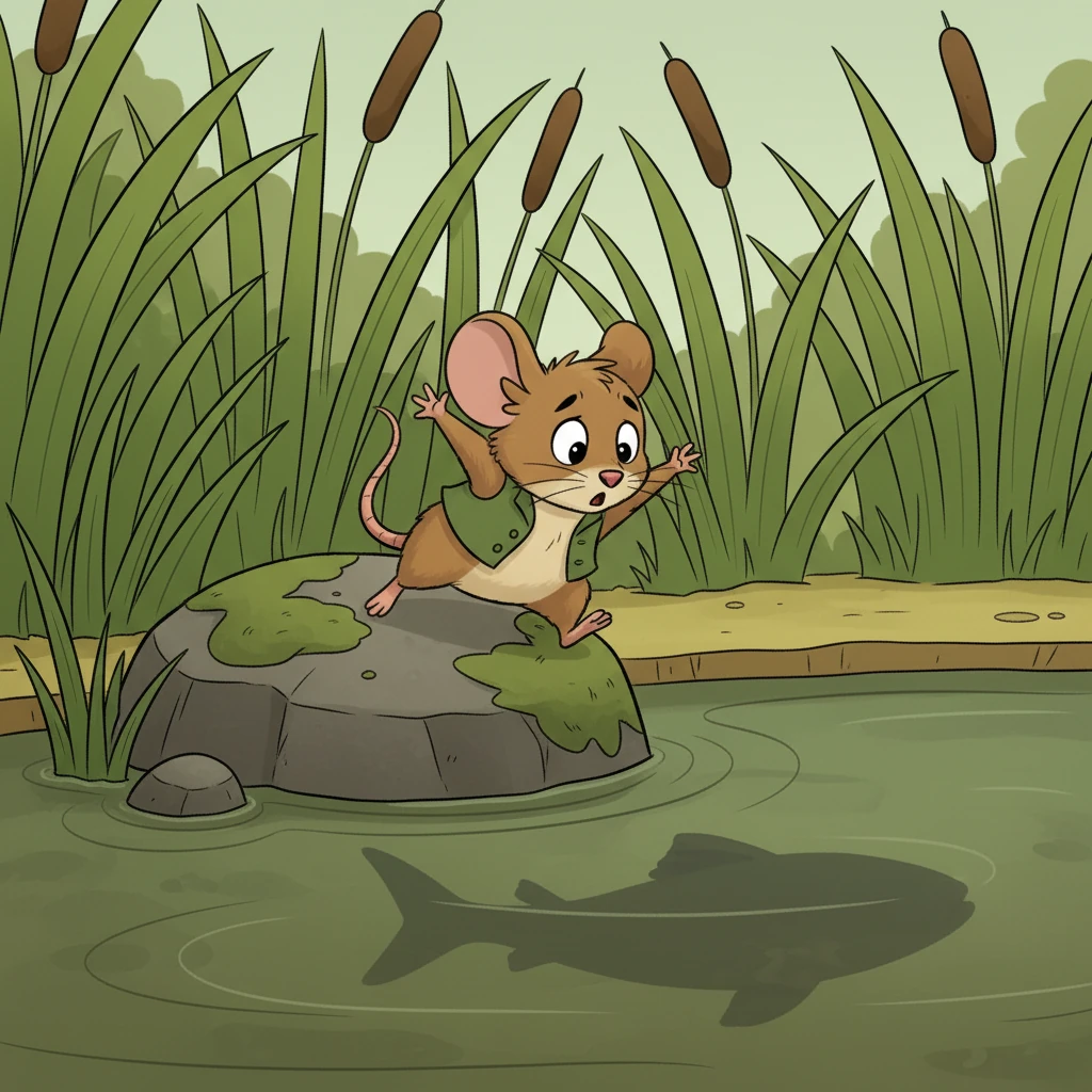 Suddenly, Pip slipped on a wet, mossy stone, teetering precariously close to the murky water's edge. Below, a large, shadowy fish lurked just beneath the surface, its presence unseen but felt. Pip's little heart pounded with fear.