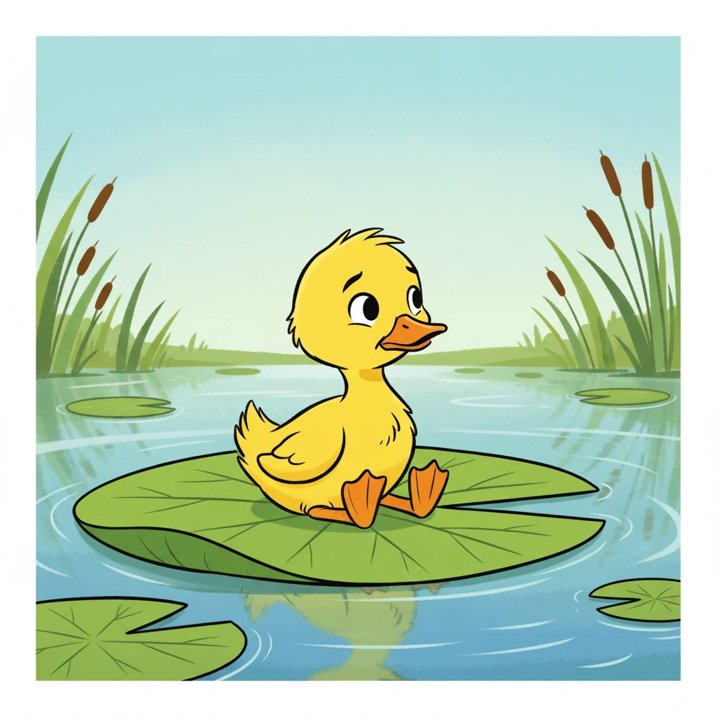 From the safety of a vibrant green lily pad, a small, bright yellow duck named Puddle watched. Puddle was usually busy splashing and dabbling for tasty morsels, but now Puddle noticed Pip's wobbly predicament.