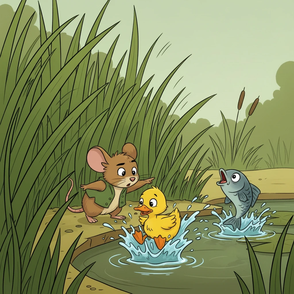 With a determined, loud quack, Puddle bravely dove and splashed vigorously right next to the rising fish. The sudden commotion created a huge ripple, startling the predator and making it dart away in surprise.