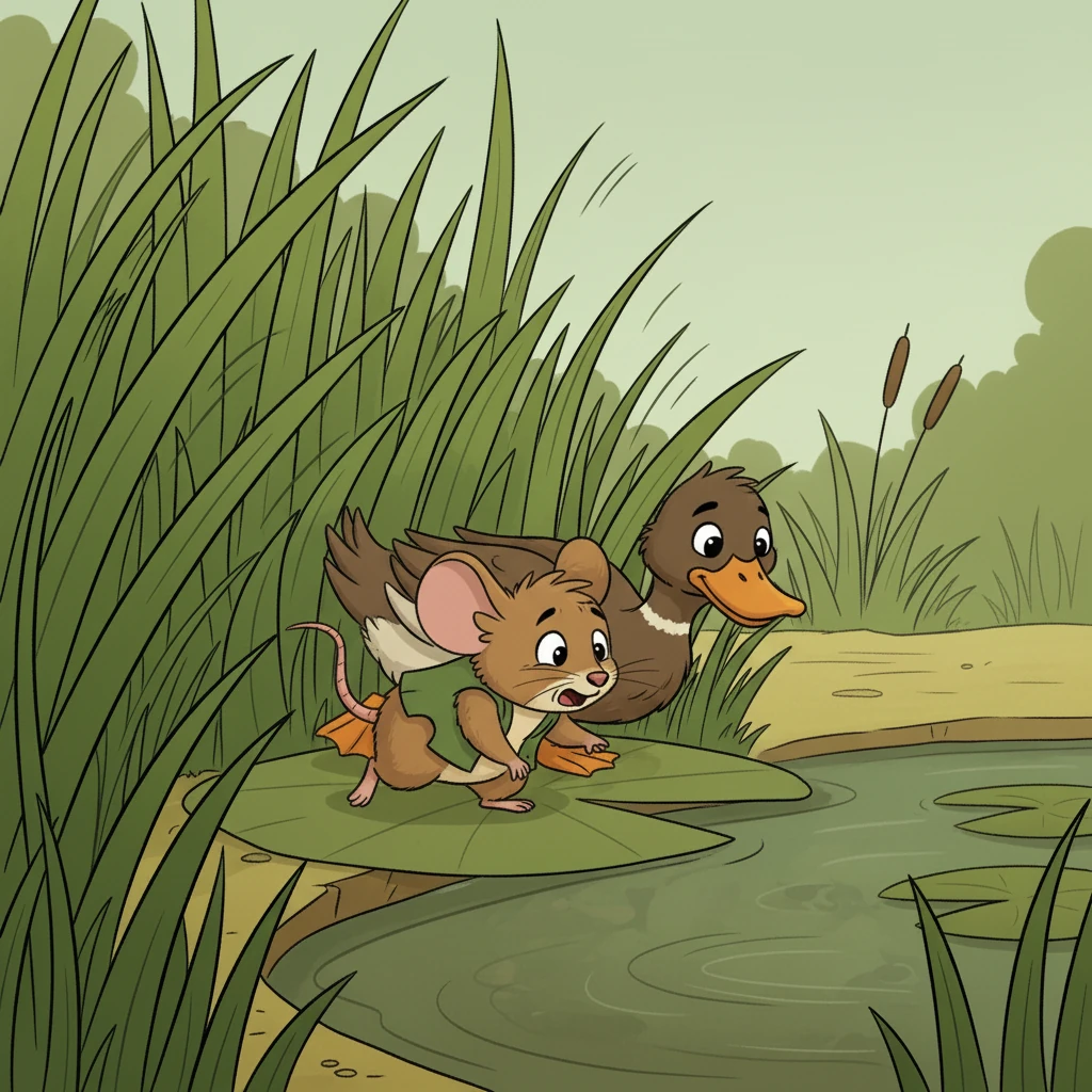 As the fish recoiled, Puddle quickly nudged Pip with a gentle beak, guiding the trembling mouse. Pip scrambled onto a sturdy lily pad, away from the treacherous water's edge and the lurking danger.