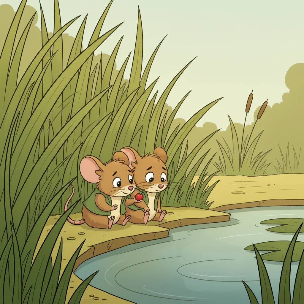 Later, Pip and Puddle sat together on the sunny bank, sharing a small, juicy berry Pip had found. They were now firm friends, a testament to bravery and kindness, enjoying the peaceful pond and each other's company.
