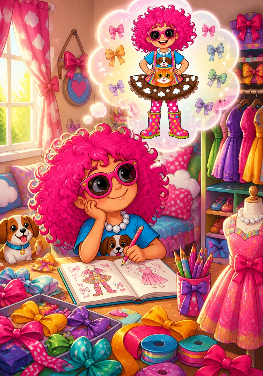 Frannie lived in a house filled with ribbons, bows, and bright colors. Every morning, she dreamed of the perfect outfit that would show the world exactly who she was.