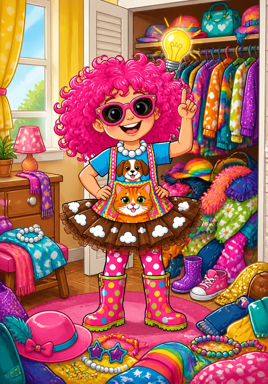One sunny afternoon, Frannie looked at her overflowing closet and had a brilliant idea. Instead of picking just one favorite thing, she decided to wear every single one of them at the same time.