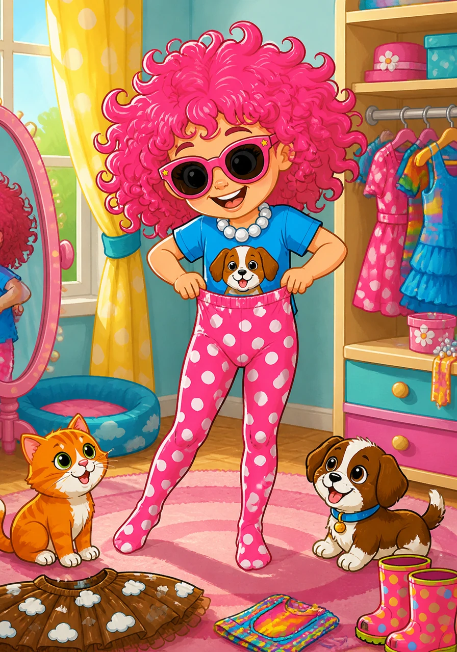 She started with her foundation of fun: a pair of stretchy, bright pink tights covered in big white polka dots. They made her legs feel like they were ready for a party.