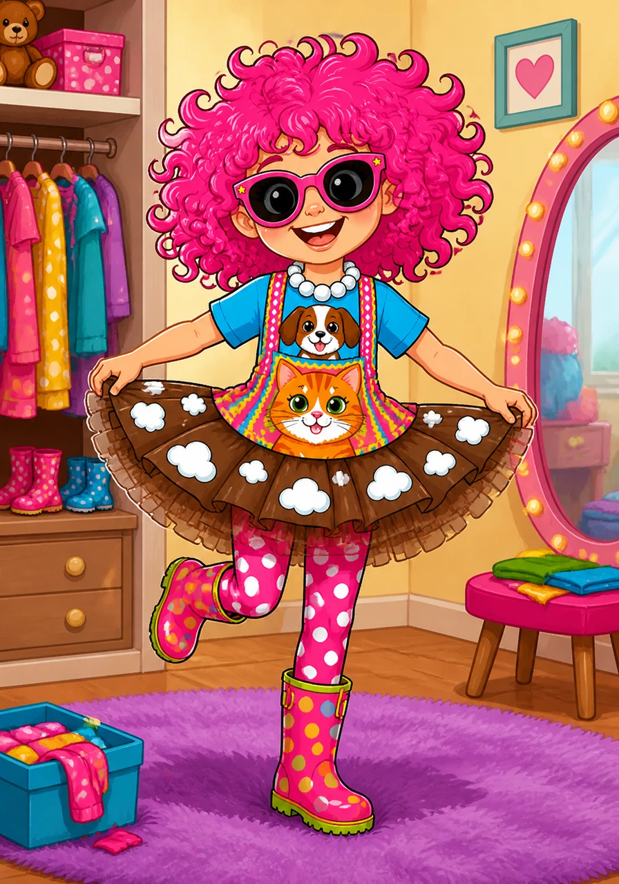 To add some extra fluff, Frannie stepped into her chocolate brown tutu. It was decorated with soft, puffy white clouds that looked like they were floating in a chocolate sky.