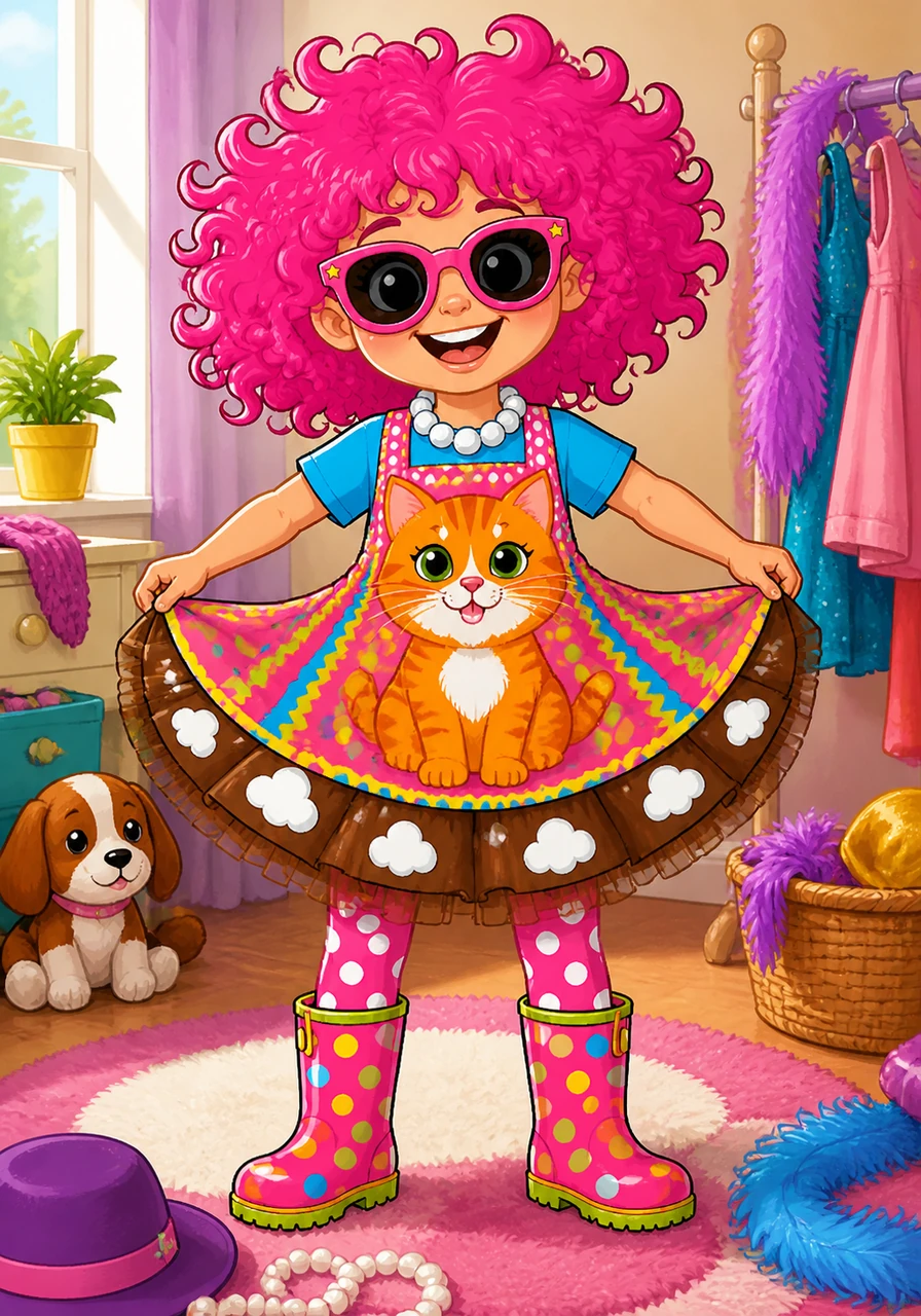 Over the tutu and the shirt, she carefully slid on a colorful dress. This one featured a clever ginger cat with long whiskers, making Frannie feel like she had a whole team of pets with her.