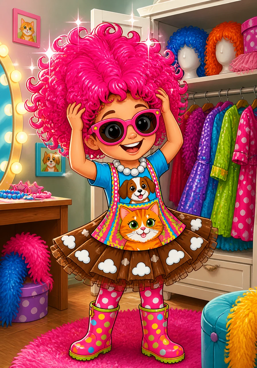 Her hair needed some flair, so she reached for her most magnificent wig. It was a wild, curly shade of hot pink that bounced and shimmered whenever she turned her head.