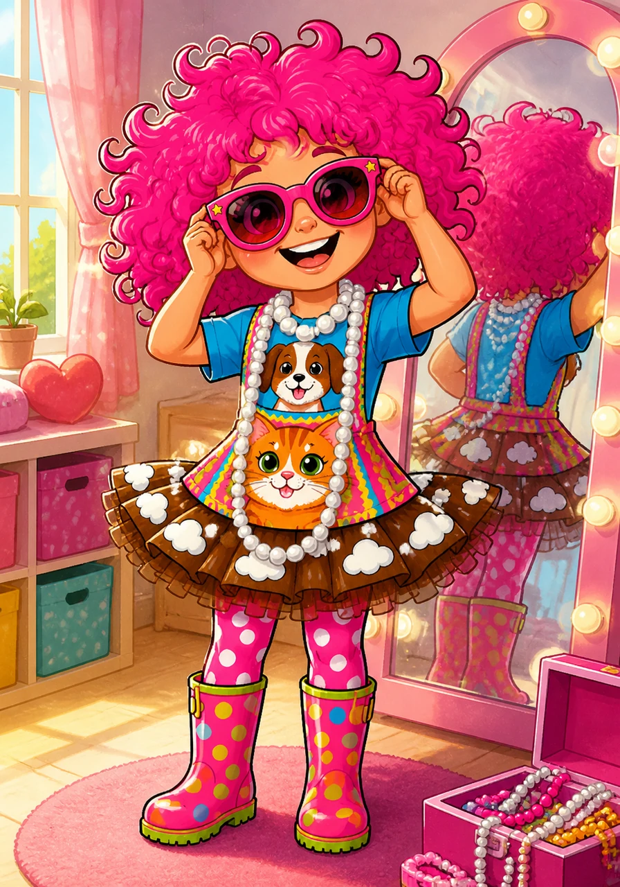 No outfit is complete without accessories, so Frannie draped a long string of shiny white pearls around her neck. Then, she slid on her neon pink sunglasses to make the whole world look rosy.