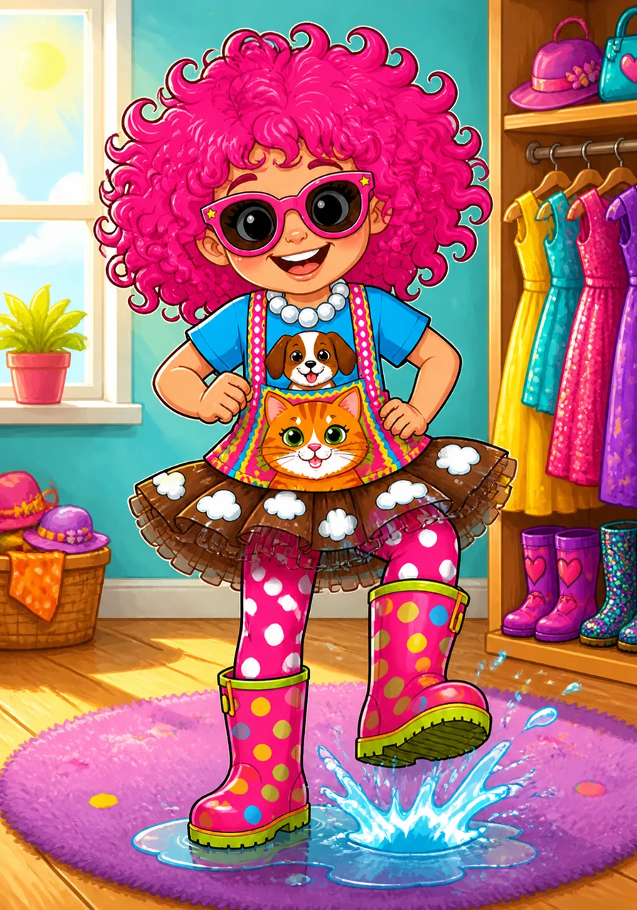 Finally, she stomped her feet into her sturdy bright rain boots. Even though the sun was shining, she knew that these boots were the perfect finishing touch for a fashion explorer.