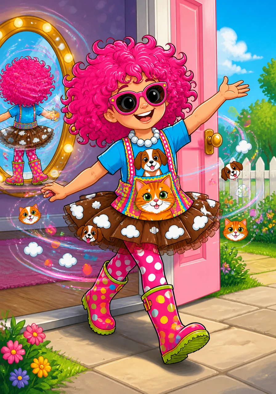 Frannie stood in front of the mirror and twirled, a whirlwind of dots, dogs, clouds, and cats. She stepped outside with a giant smile, ready to show everyone her wonderful, one-of-a-kind style.