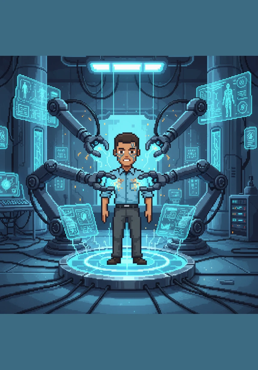 In a high-tech laboratory, the world-renowned scientist Victor Prasad unveils a revolutionary robotic suit equipped with laser weapons and flight capabilities. He tells the media that his goal is global security, but his eyes reflect a cold ambition for power.