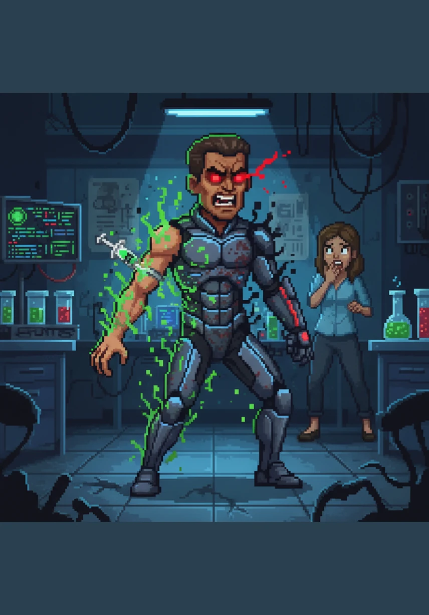 Desperate to speed up his progress, Victor ignores his assistant’s warnings and injects himself with an untested radiation-shielding serum. As the chemicals take hold, his mind begins to warp, replacing his humanity with a dark, uncontrollable rage.