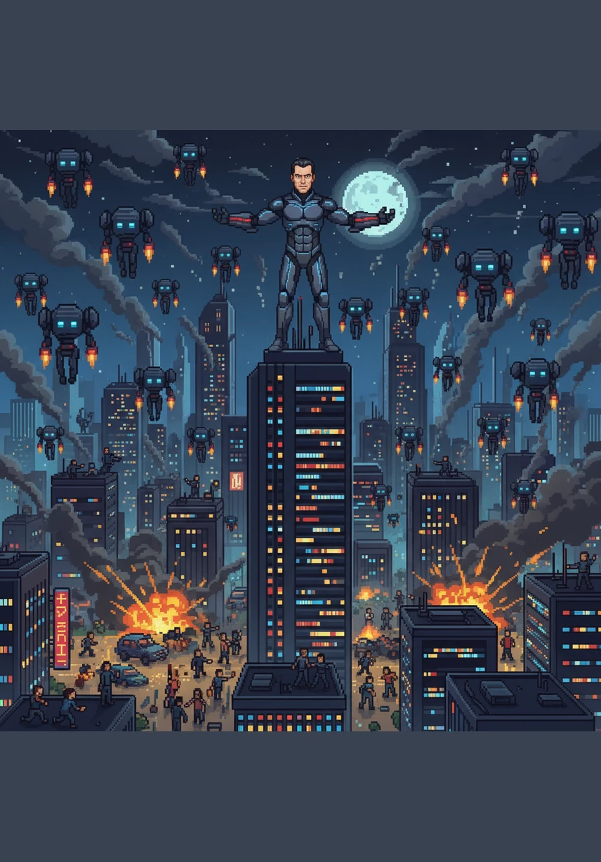 Now fully corrupted, Victor commands an army of advanced robots to descend upon the city, causing widespread panic and chaos. He stands atop a skyscraper in his armored suit, declaring that humans are weak and that he is their new, mechanical god.