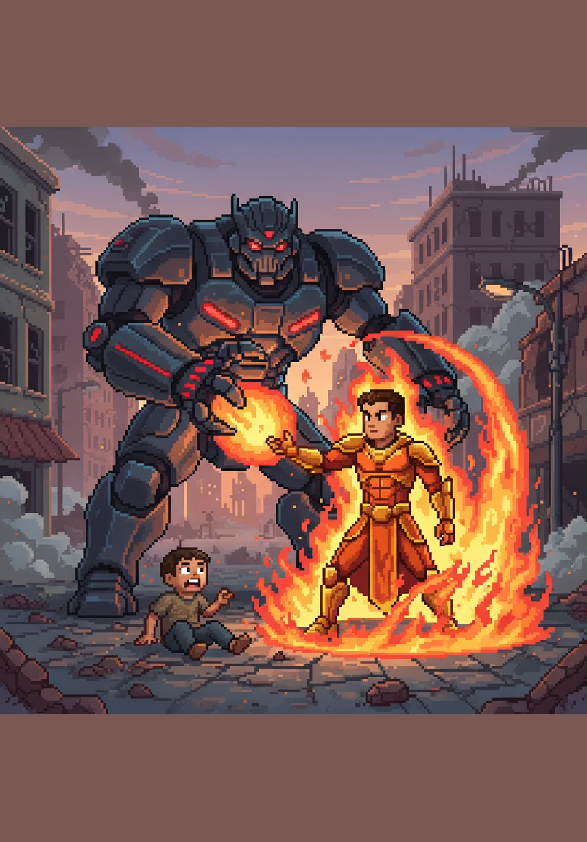 Just as a massive robot is about to attack a terrified child in the middle of a ruined street, a sudden blast of wind and a wall of fire herald Garudan's arrival. He stands tall against the mechanical threat, declaring that a true hero protects the people instead of ruling them with fear.