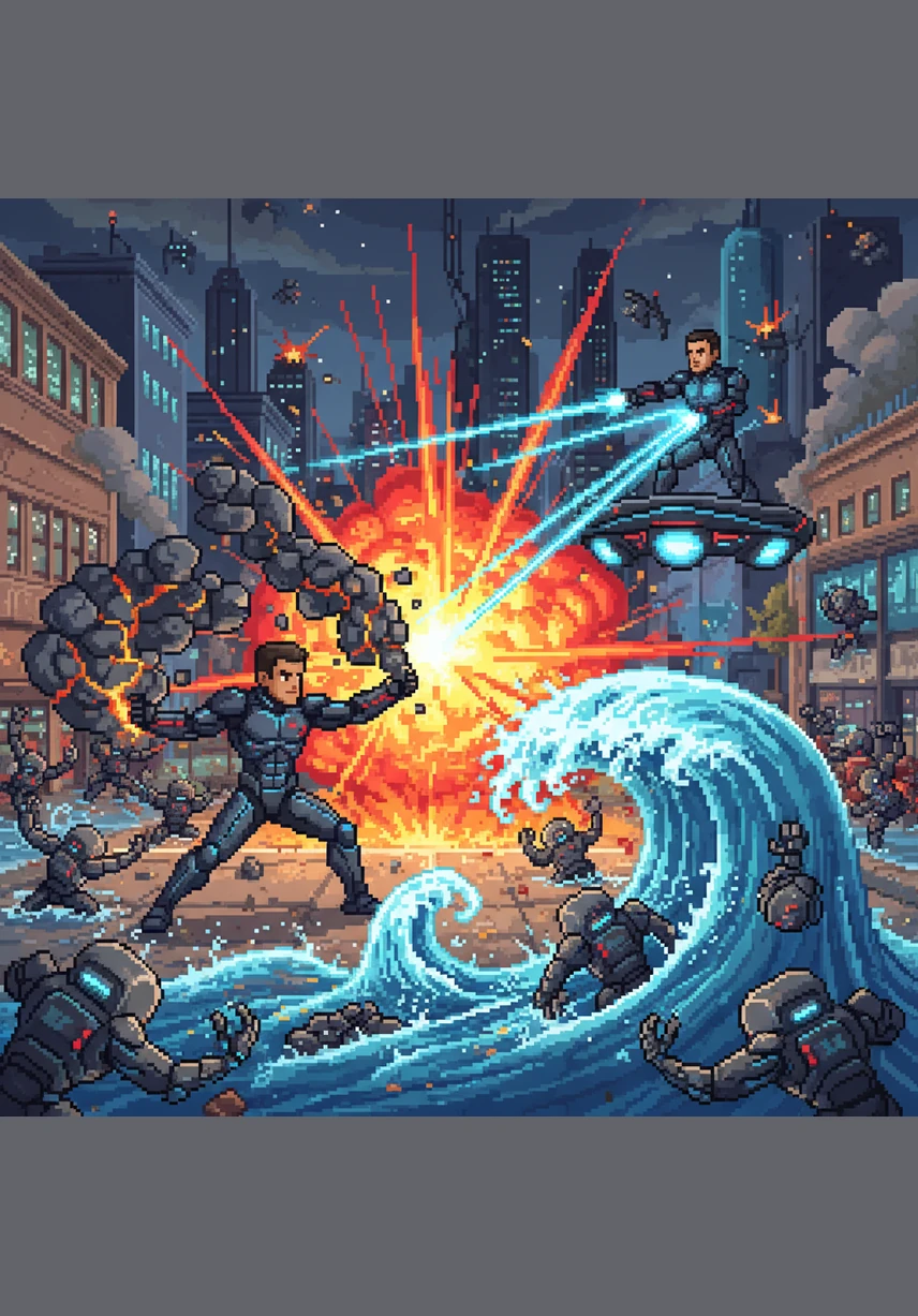The city becomes a battlefield as Garudan uses the power of the earth to crush metal and waves of water to sweep away the robotic drones. He eventually faces Victor in a spectacular clash where elemental fire meets high-tech lasers in a struggle for the city's soul.