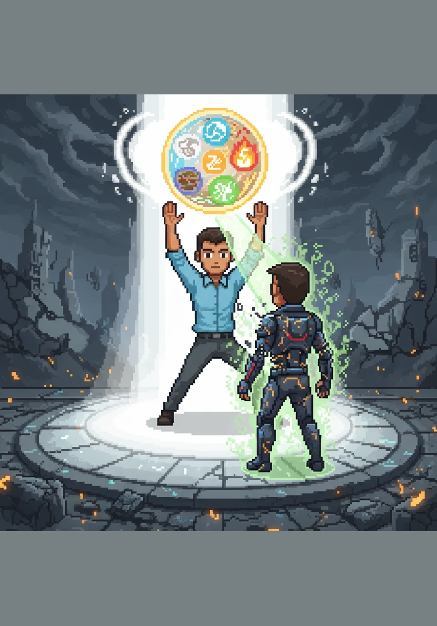 Garudan realizes that Victor is being consumed by his own creation and gathers the energy of all five elements—earth, water, fire, air, and lightning—into a single, blinding sphere. He unleashes this ultimate energy, shattering Victor’s robotic armor and neutralizing the toxic serum in his system.