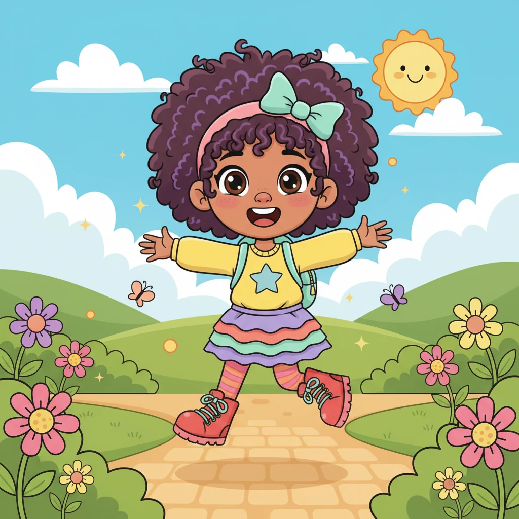 Zara, a bright-eyed girl with a playful spirit, bounces happily through a vibrant park, her smile as wide as the sun. She loves to explore and discover new things, her heart full of curiosity. Today, she feels a tiny flutter of wonder about all the things that make her, well, *her*.