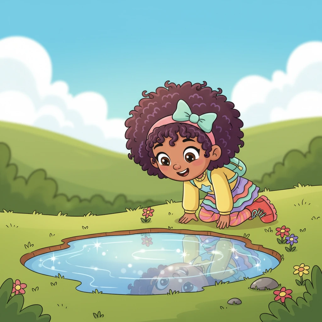 Zara gazes at her reflection in a shimmering puddle, her skin a beautiful warm hue. She sees her delightful features, but a gentle thought reminds her: her true self shines much brighter than any single color. Her unique glow comes from within, not just from what she sees outside.