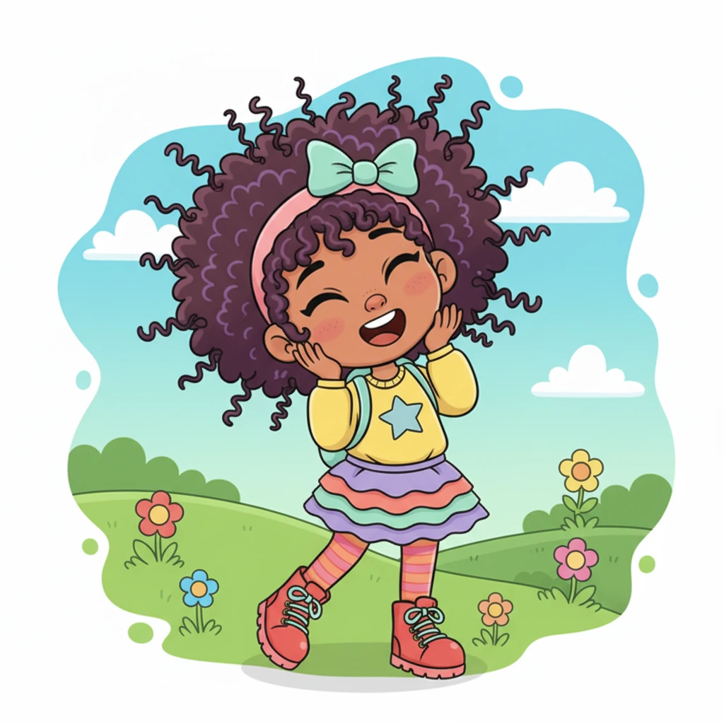 With a giggle, Zara shakes her bouncy, textured hair, watching it dance around her face. Sometimes it feels different from others, but she realizes its joyful springs and coils are just one small part of her wonderful design. Her spirit is full of even more amazing twists and turns.